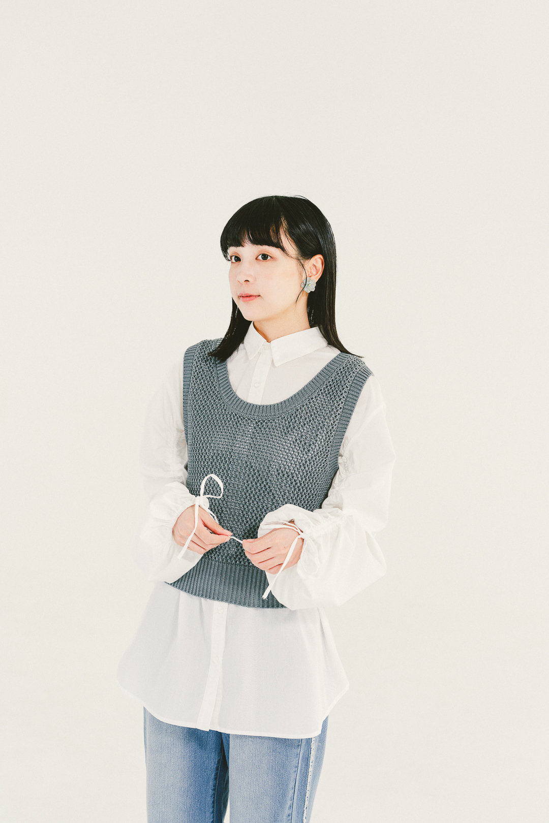 網眼背心+抽繩尖領襯衫(兩色-白x羅勒綠)