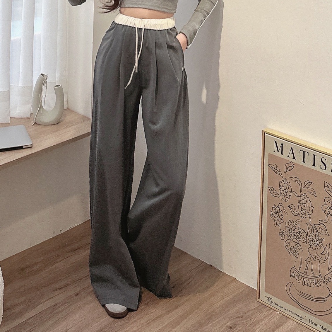 滾邊西裝闊腿寬褲/二色