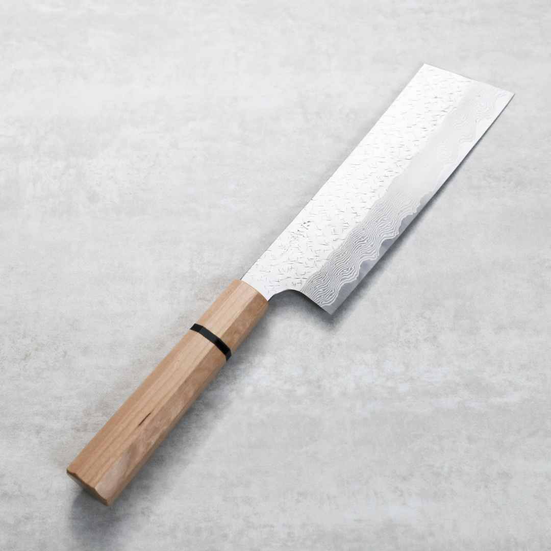 二唐刃物 菜切 180mm SG Strix粉末HSS鋼 鎚目大馬士革