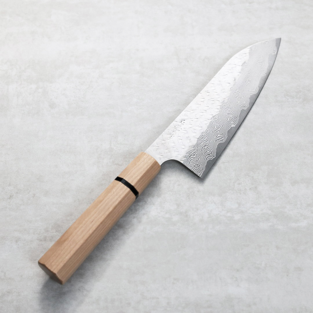 二唐刃物 三德 165mm SG Strix粉末HSS鋼 鎚目大馬士革