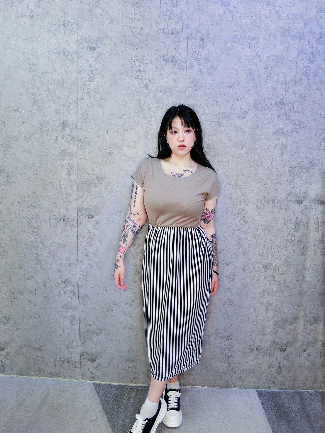 短袖連身直條紋洋裝