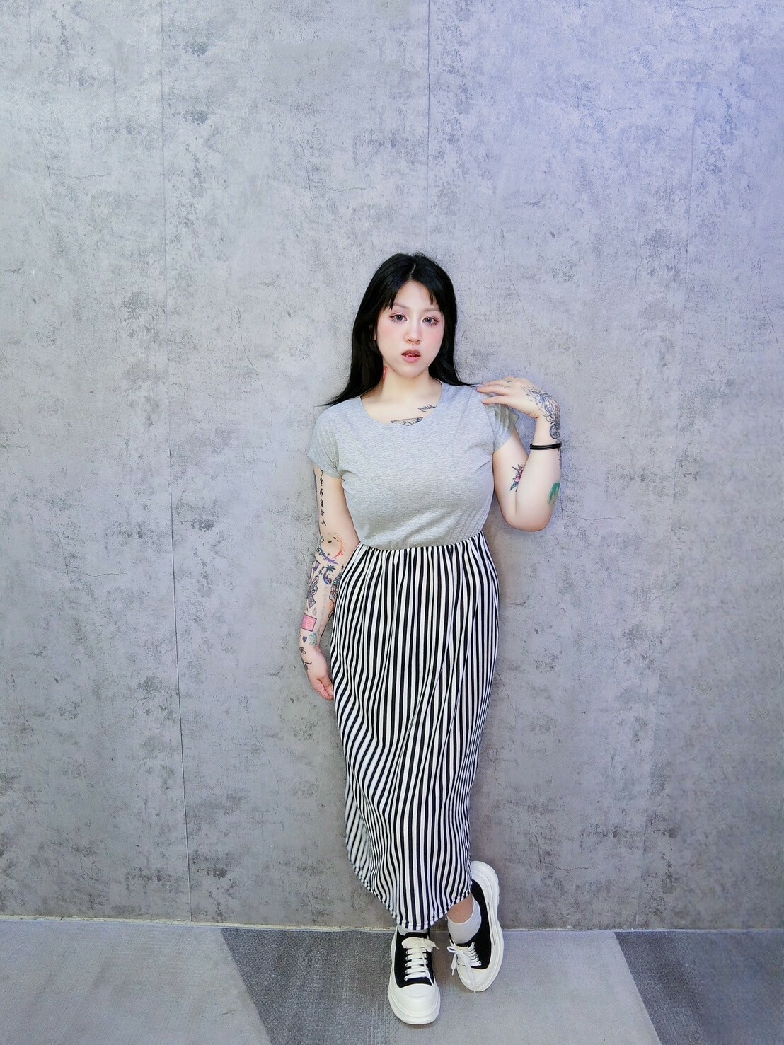 短袖連身直條紋洋裝