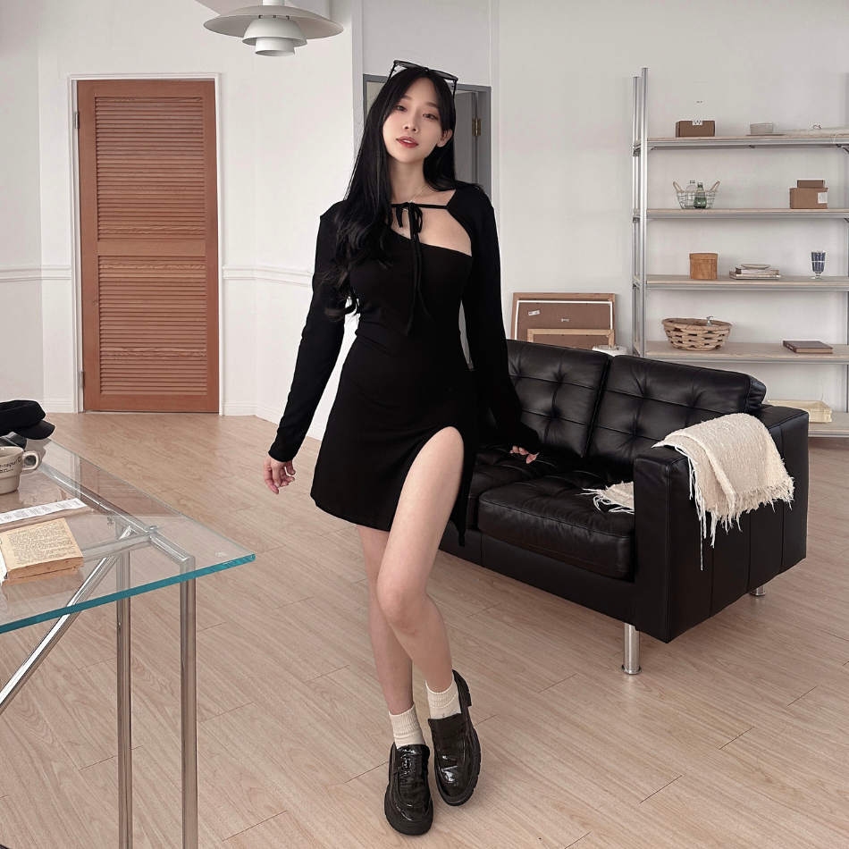 【DOMISS自訂】性感綁帶罩衫+開衩背心裙-2色 套裝 洋裝 (現貨)