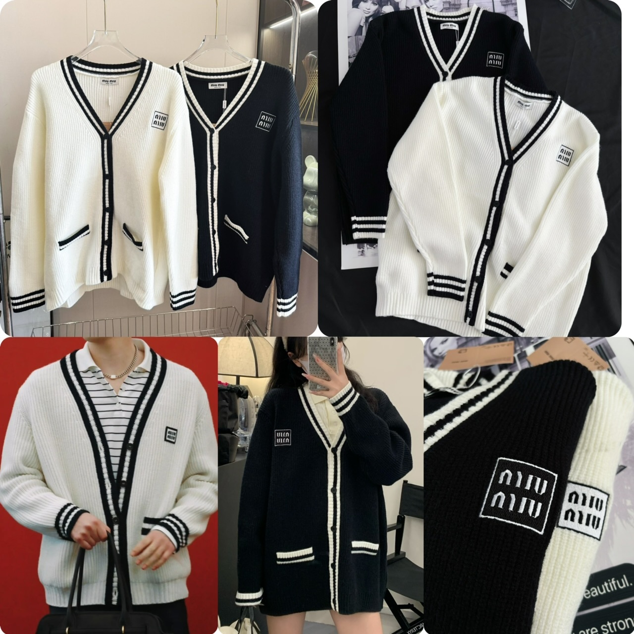 Miu Miu 學院風撞色開胸針織外套-2401692