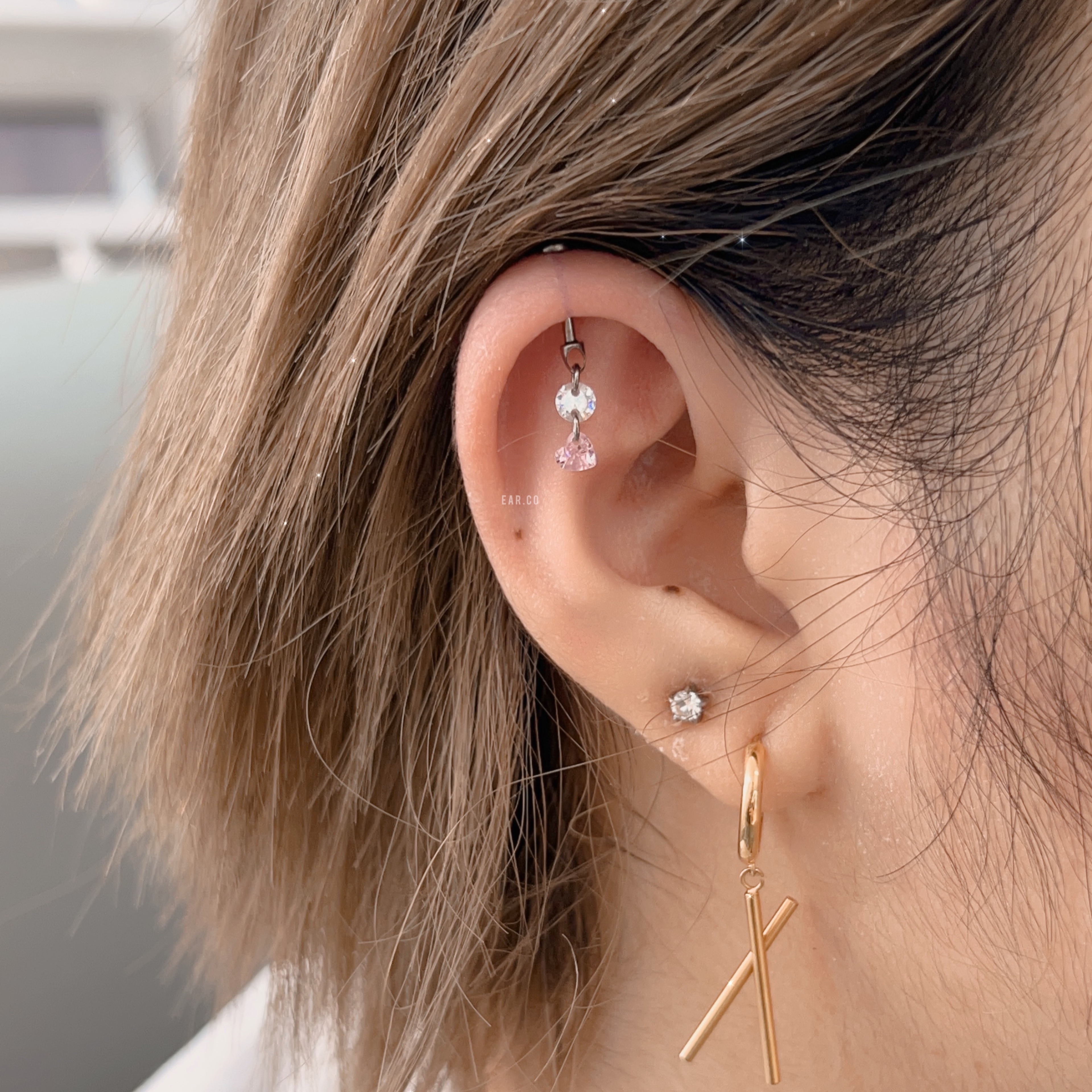 愛心雙拼垂釣閃石平頭耳門/耳珠/耳骨釘 [G23 Titanium]