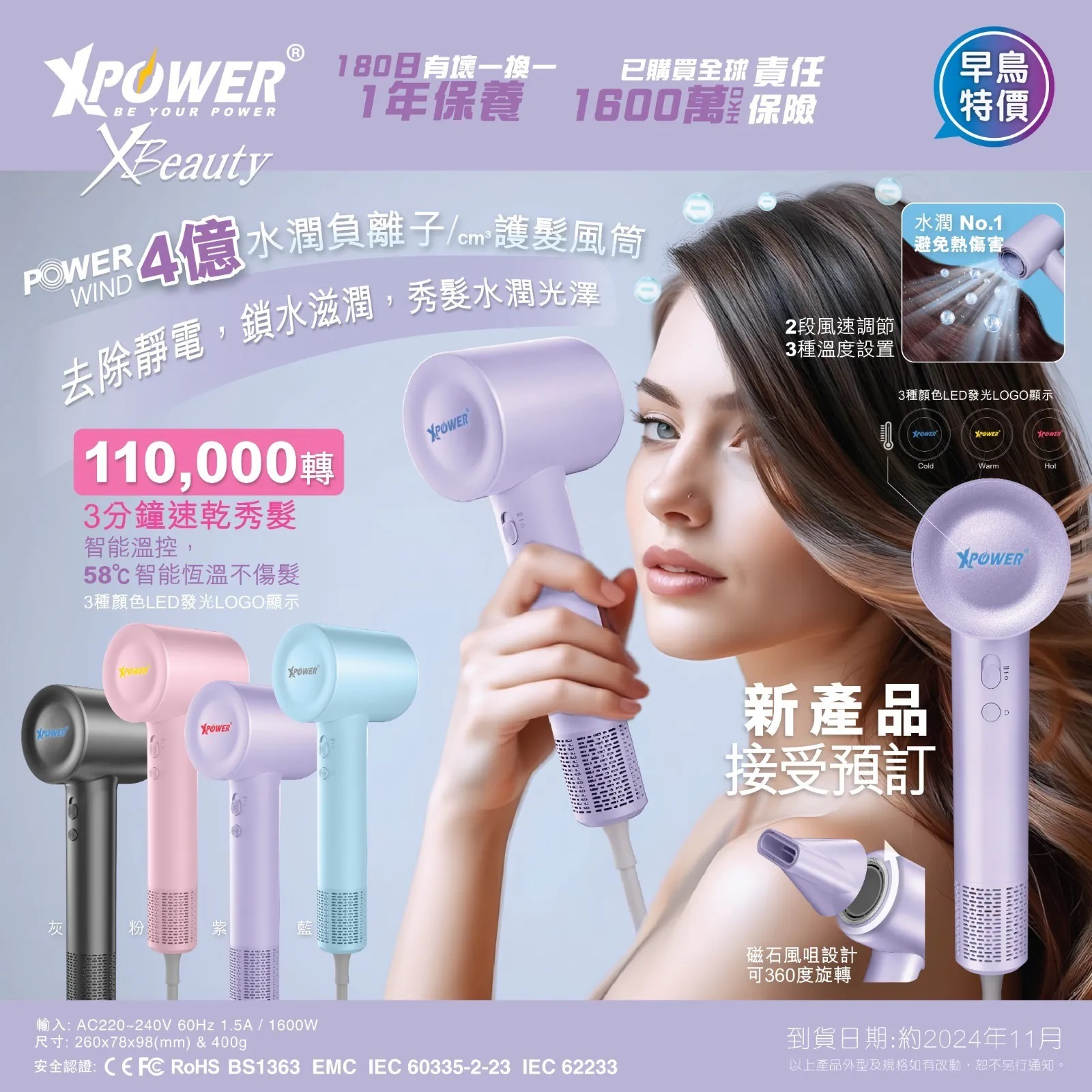 XPower POWERWIND 智能4億+水潤負離子護髮速乾風筒