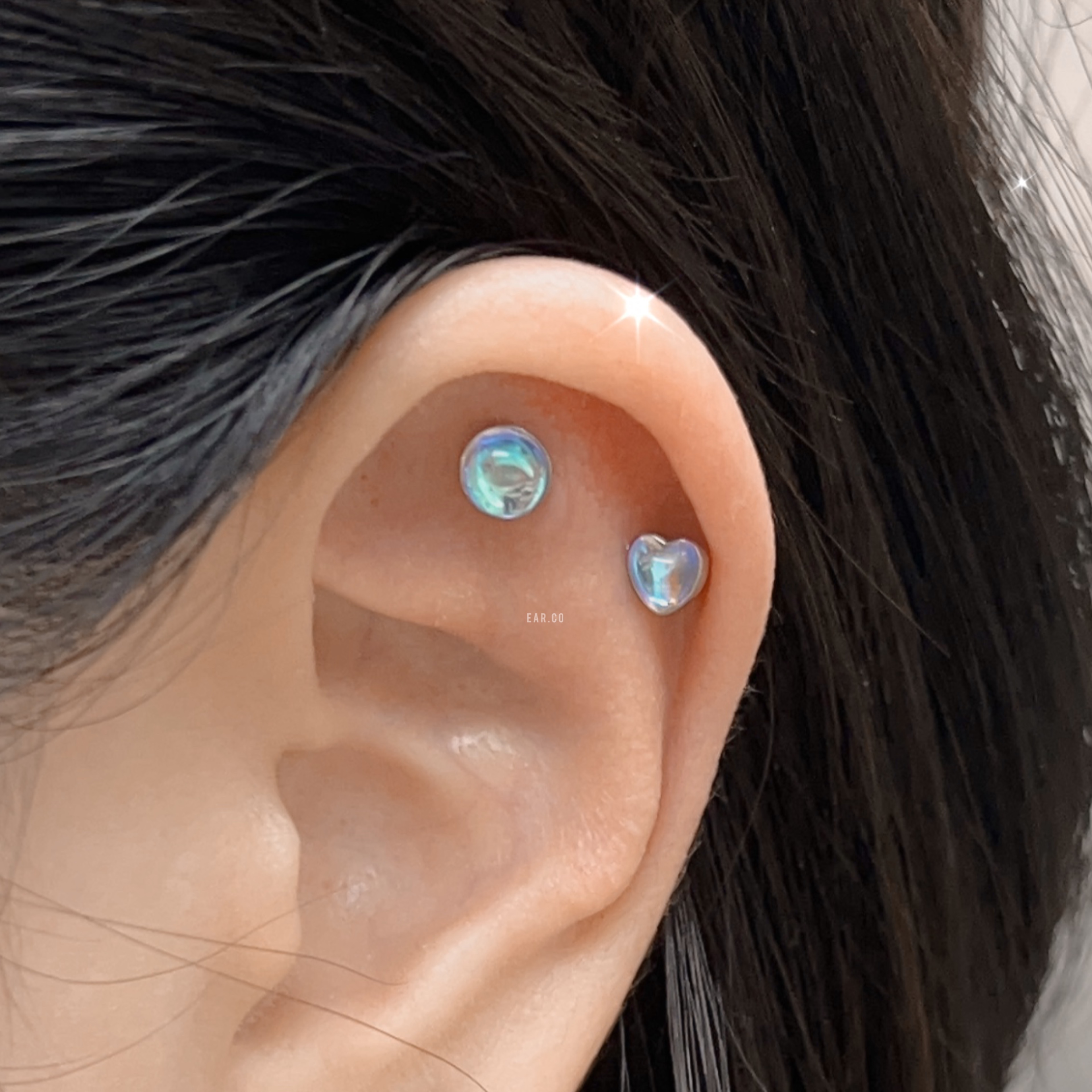 愛心/圓形月光石平頭耳門/耳珠/耳骨釘 [G23 Titanium]