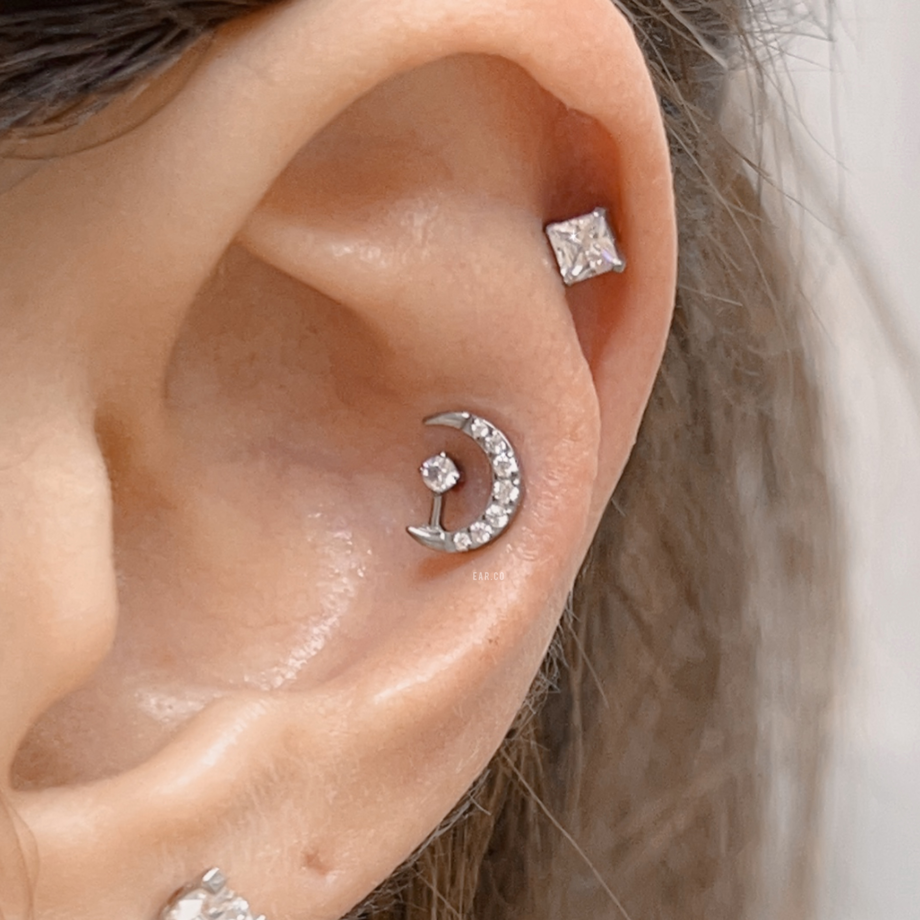 特色閃石月亮平頭耳門/耳珠/耳骨釘 [G23 Titanium]