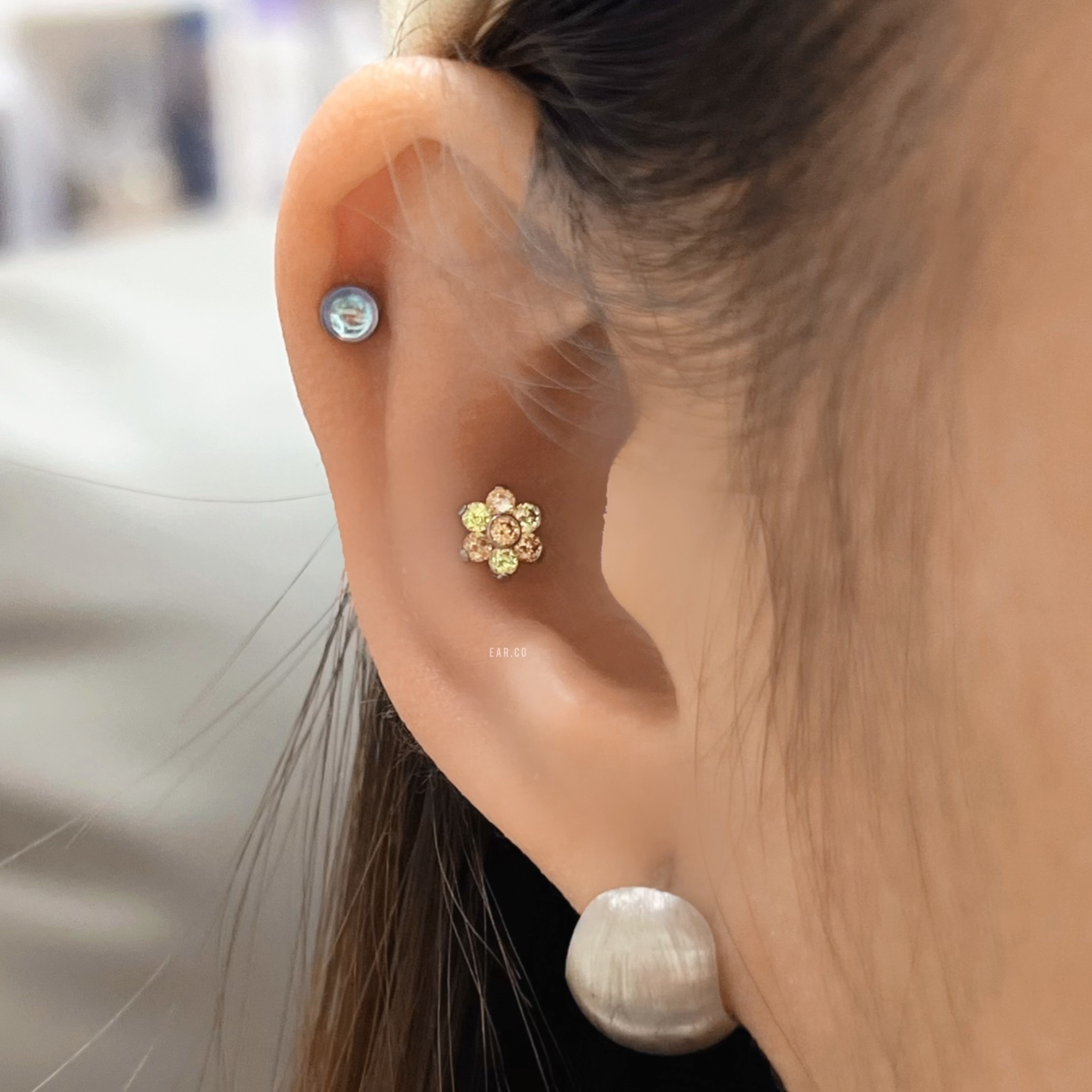 橙黃拼色花平頭耳門/耳珠/耳骨釘 [G23 Titanium]