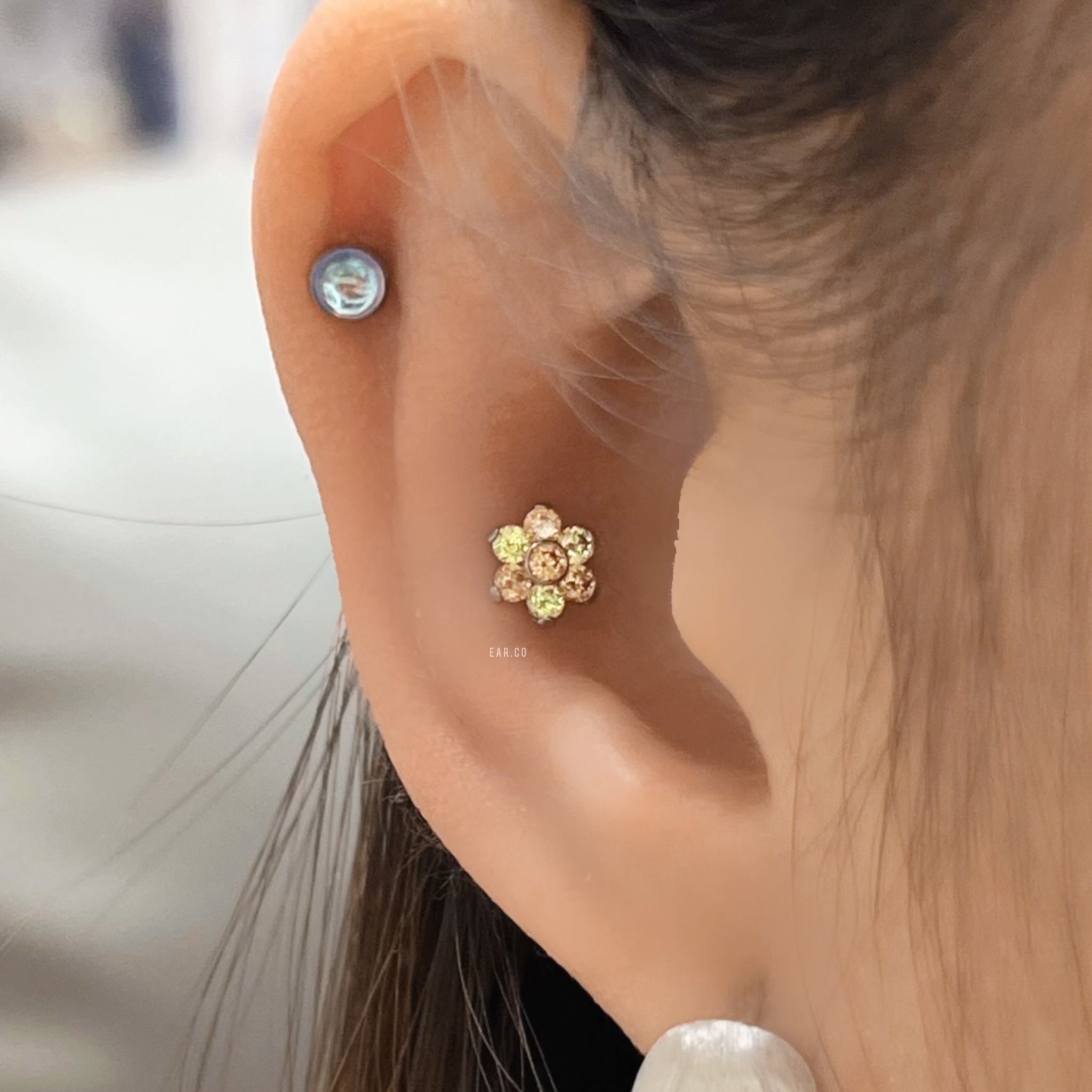 橙黃拼色花平頭耳門/耳珠/耳骨釘 [G23 Titanium]