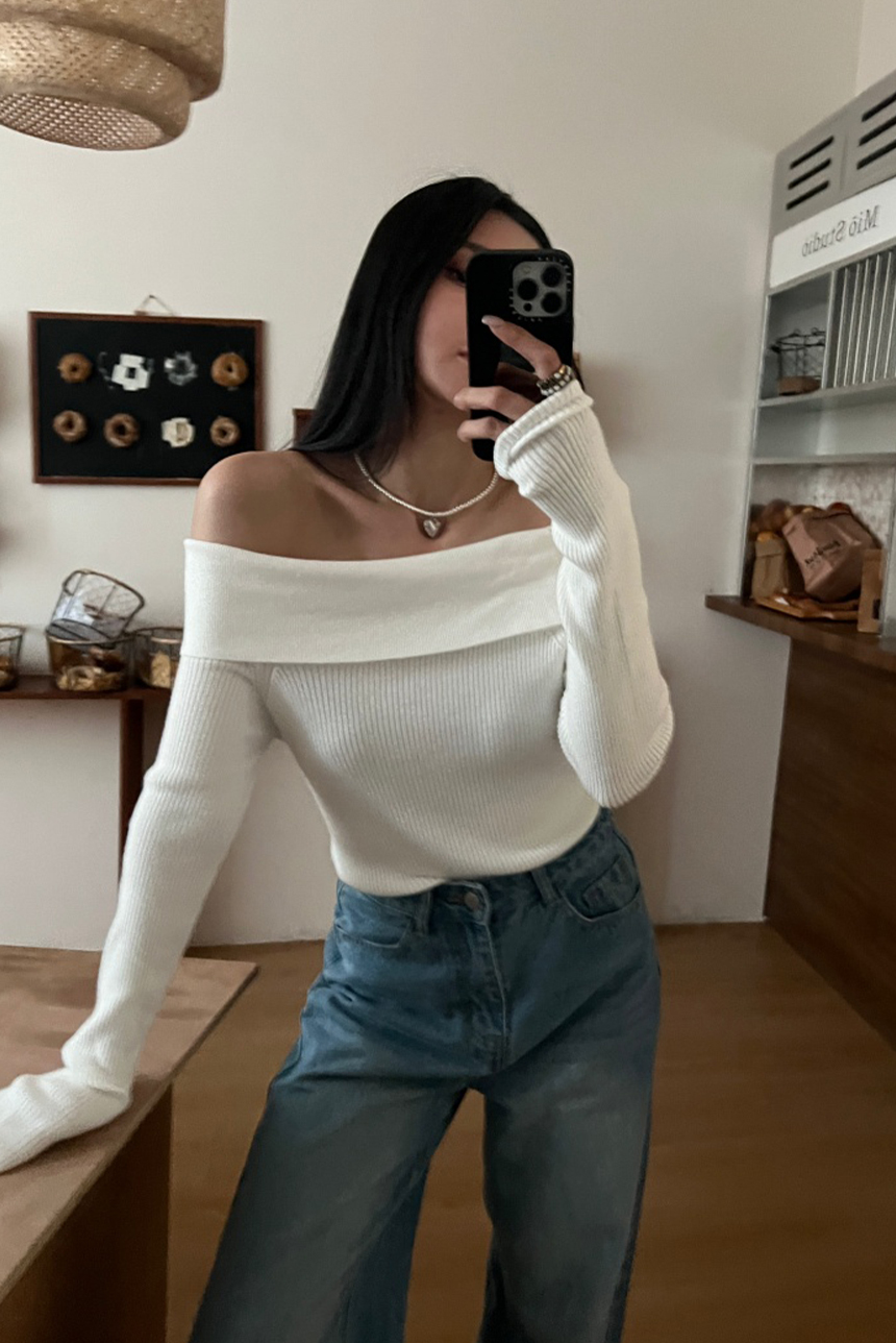 坑紋一字領針織上衣*4色