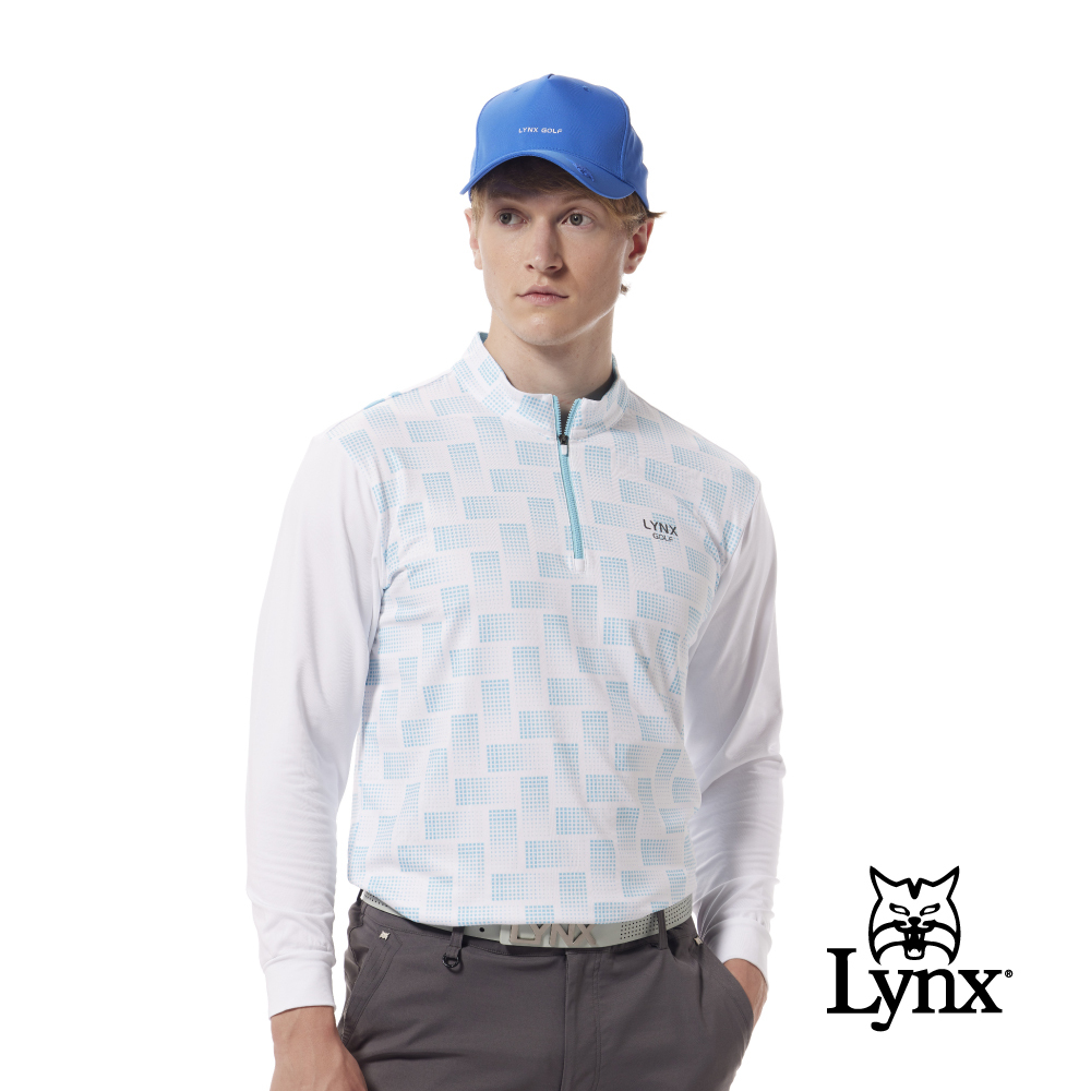 【Lynx Golf】吸排刷毛漸層印花反光貼膜剪接立領POLO衫/高爾夫球衫