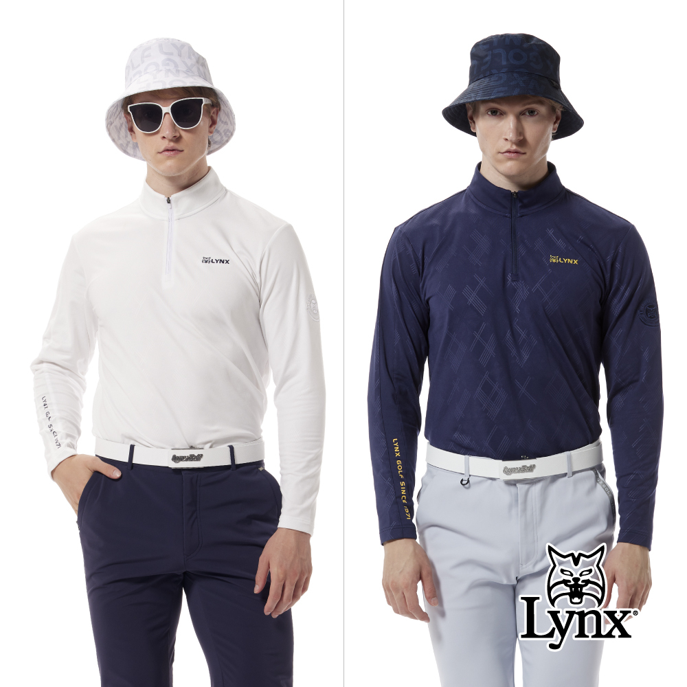 【Lynx Golf】彈性刷毛保暖菱格壓光徽章繡花立領POLO衫/高爾夫球衫