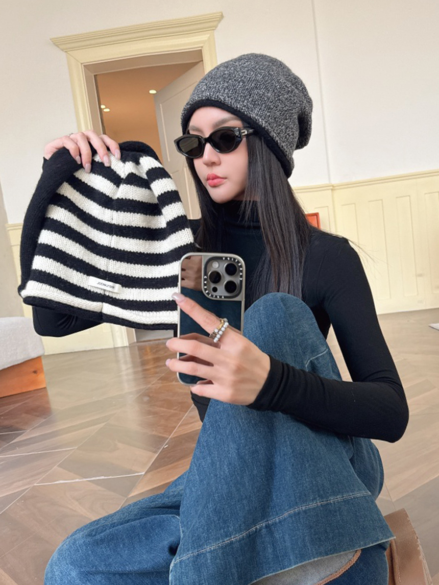 羊毛針織雙層條紋混色堆堆毛帽*3色