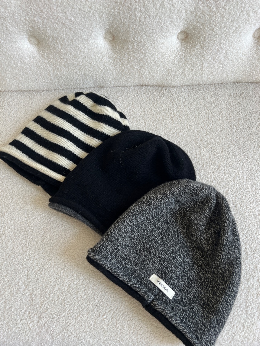 羊毛針織雙層條紋混色堆堆毛帽*3色