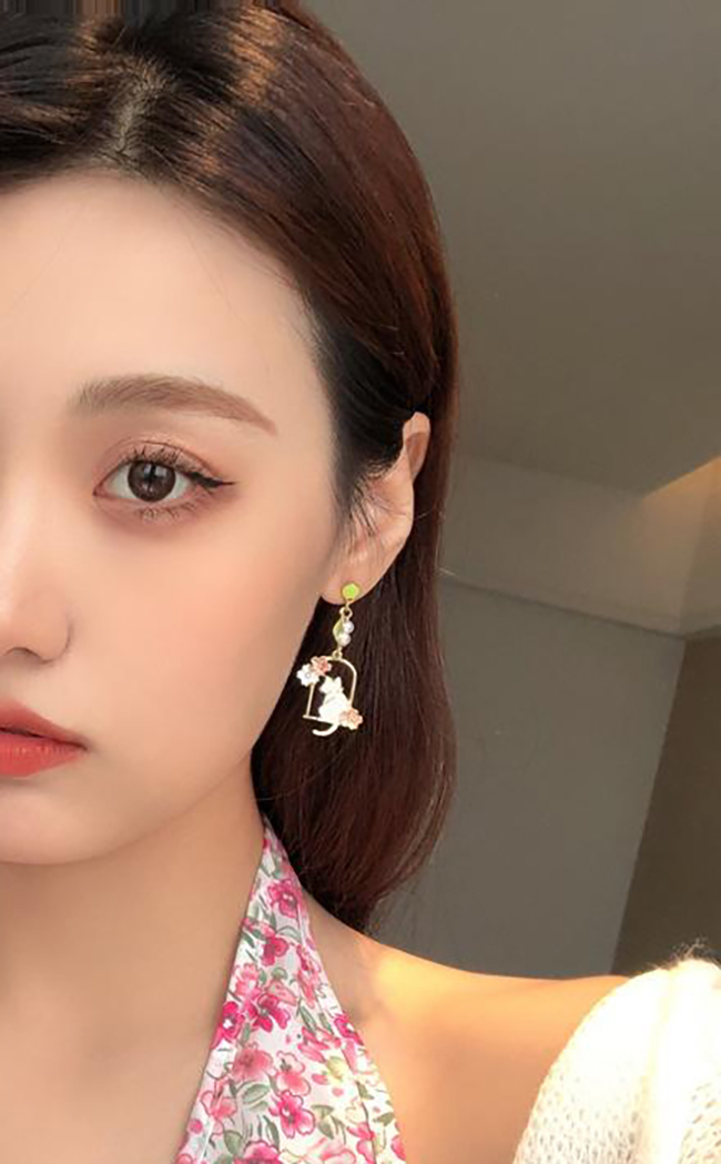 銀針流蘇花朵小貓咪耳環-現貨