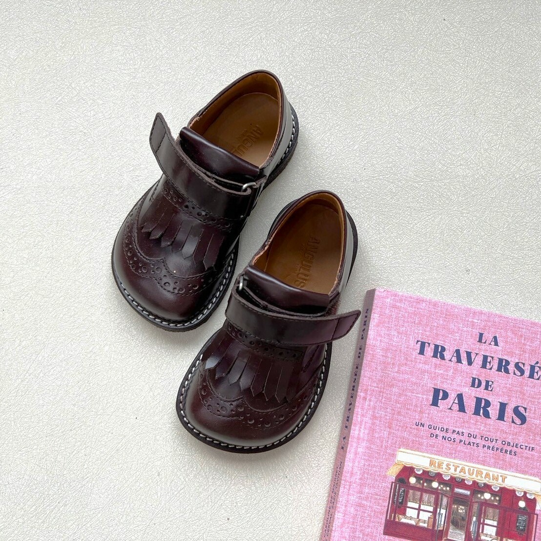 ANGULUS 魔鬼氈流蘇雕花皮鞋 Brogues shoe with fringes and velcro closure 深棕