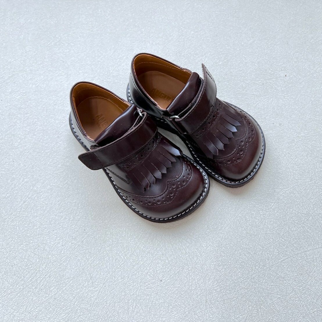 ANGULUS 魔鬼氈流蘇雕花皮鞋 Brogues shoe with fringes and velcro closure 深棕