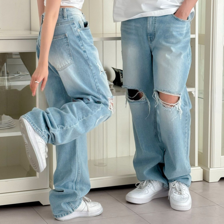 淺藍色半寬抓破牛仔褲-情侶同款