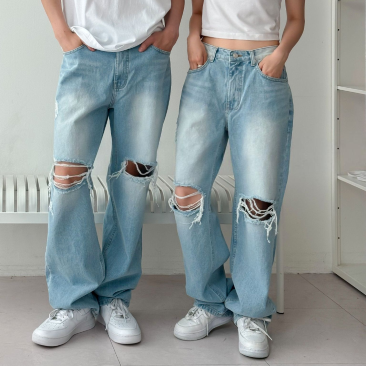淺藍色半寬抓破牛仔褲-情侶同款