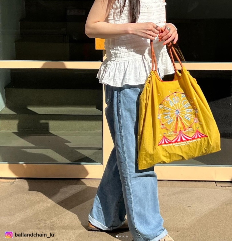 Ball＆Chain 刺繡環保購物袋 L號 - 芥末黃 (30114210)