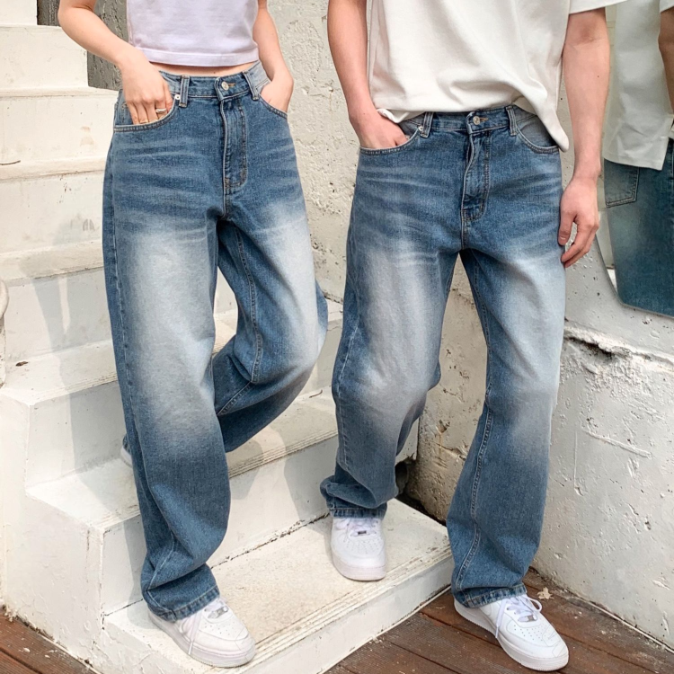 青色Y2K寬版牛仔褲-情侶同款