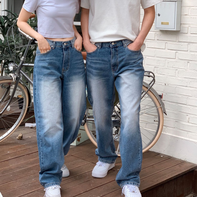 青色Y2K寬版牛仔褲-情侶同款