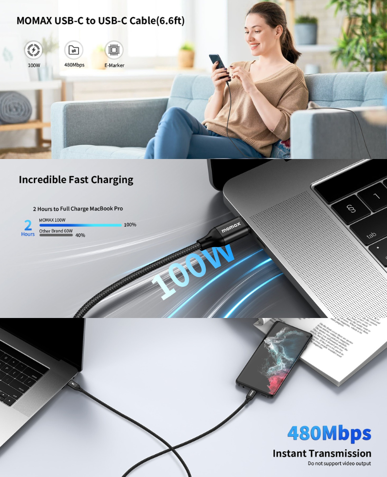 MOMAX Go Link USB C to USB C Charging Cable 100W PD Woven Pattern (2m) (Black)