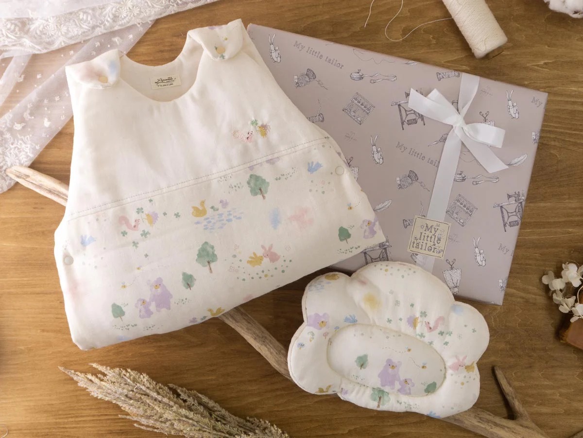 My Little Tailor - 有機棉日本BB睡袍 + 枕頭禮品套裝・自然白色 (2件入)