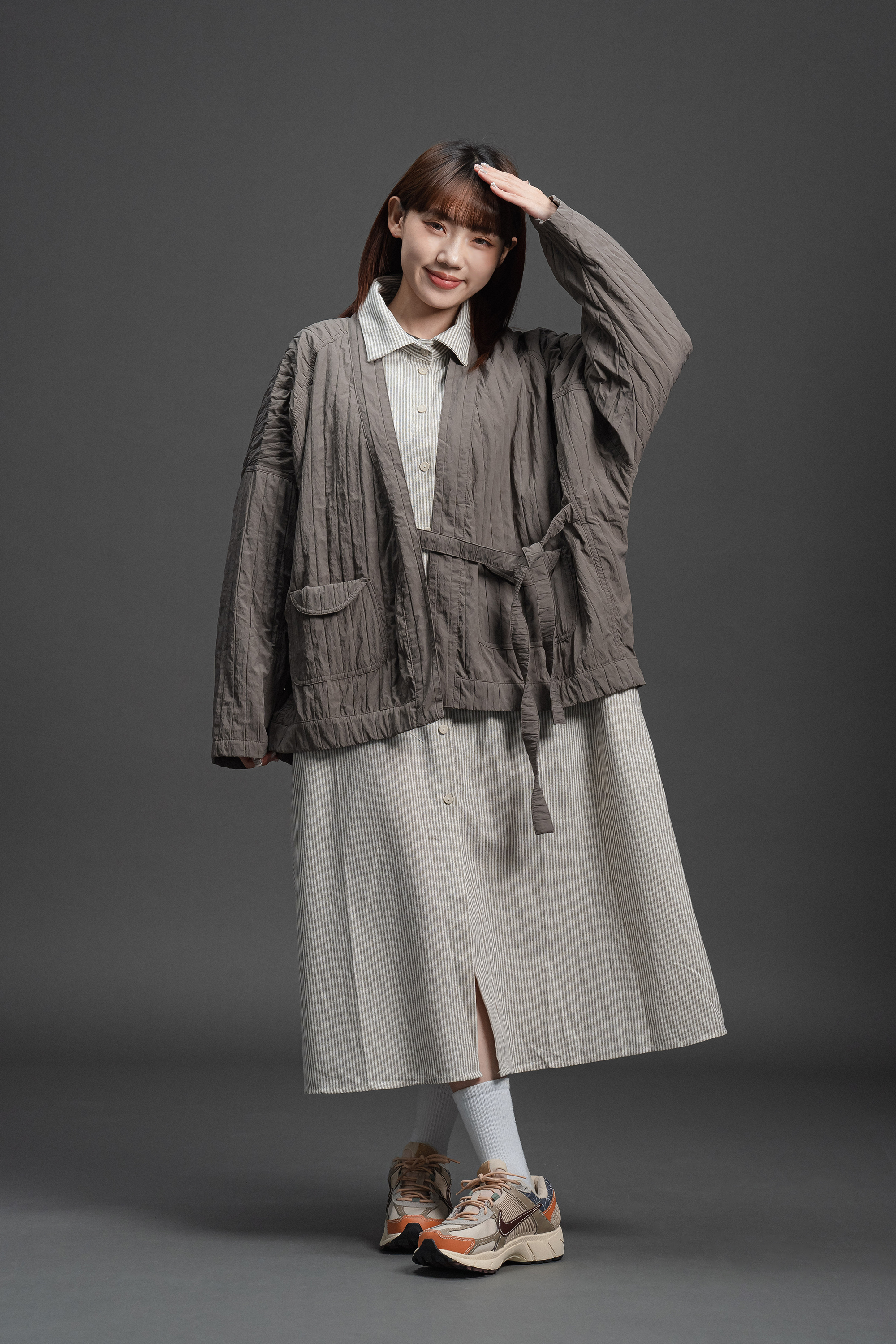 直條絎縫薄款綁帶罩衫 3色