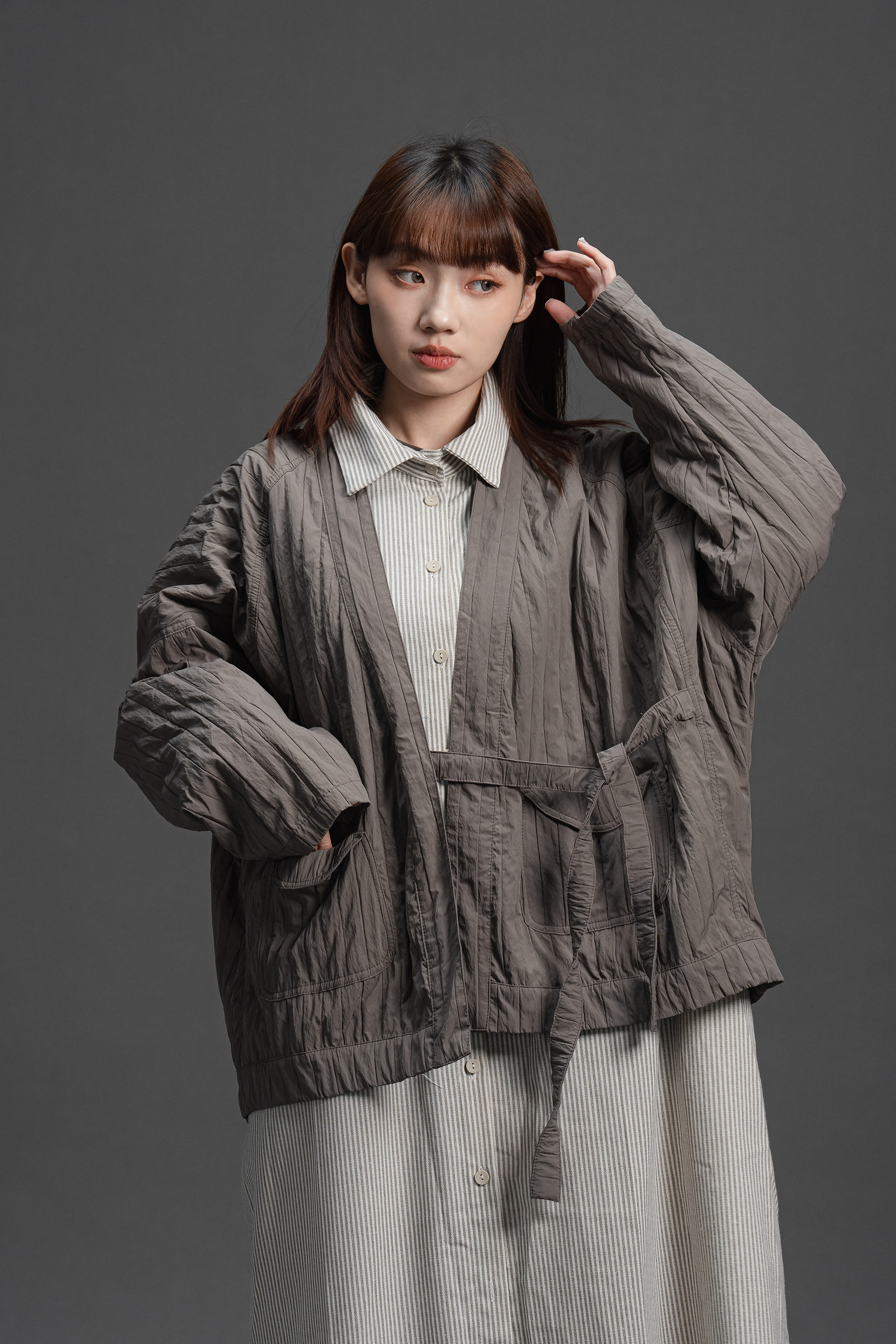 直條絎縫薄款綁帶罩衫 3色