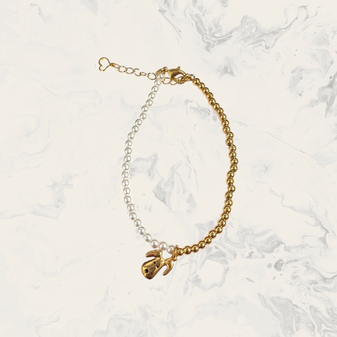 韓國直送手鍊 珍珠+金珠珠串吊長耳小狗 鍍14K