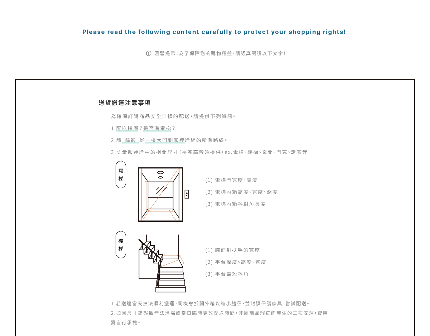 送貨注意事項、商品退換貨須知