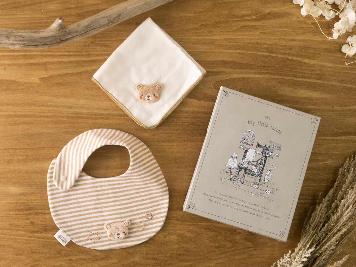My Little Tailor - 有機棉日本BB熊仔手巾仔 + 口水肩禮品套裝・杏色橫紋加白色 (2件入)