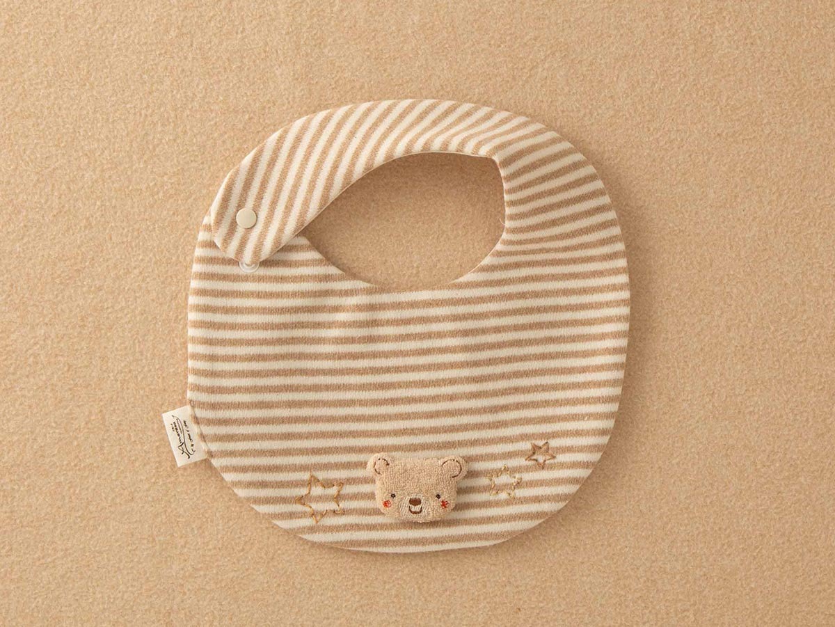 My Little Tailor - 有機棉日本BB熊仔手巾仔 + 口水肩禮品套裝・杏色橫紋加白色 (2件入)