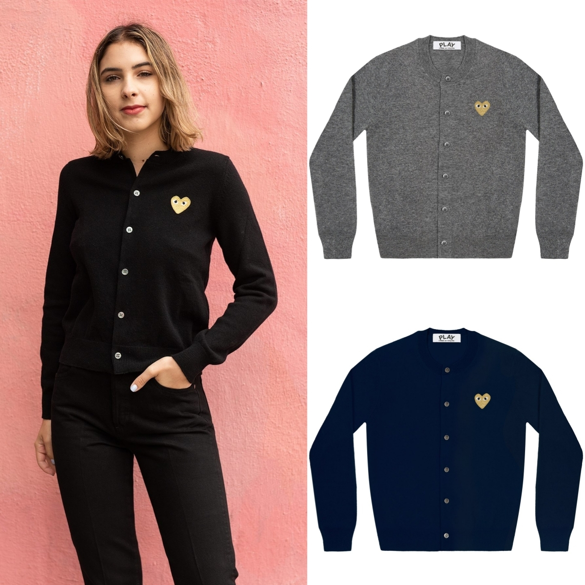 預購┃日本製 男女共版 川久保玲 CDG PLAY 羊毛 刺繡 金愛心 愛心 圓領 針織 外套