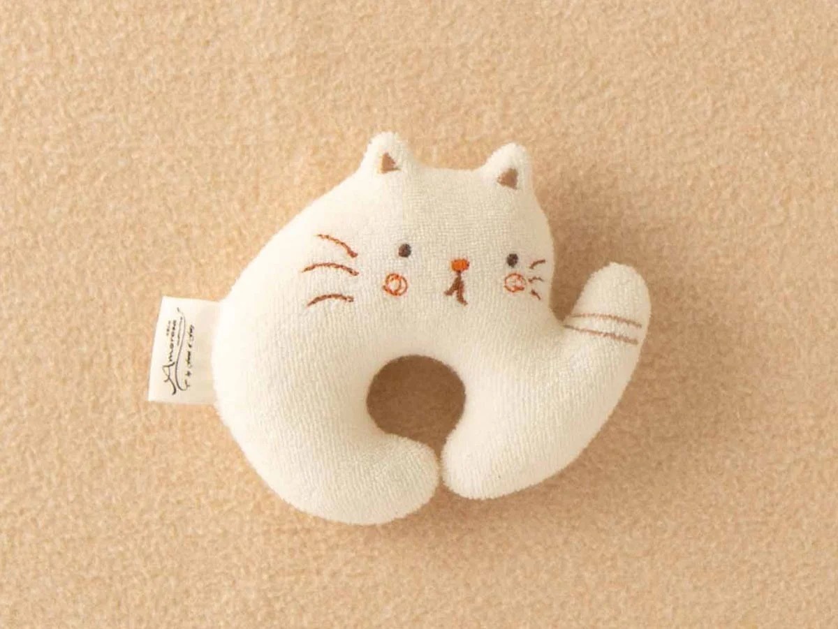 My Little Tailor - 有機棉日本BB猫仔搖鈴 ＋蝴蝶結髮帶禮品套裝・自然色系 (2件入)