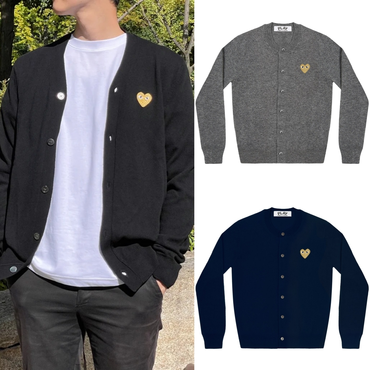 預購┃日本製 男女共版 川久保玲 CDG PLAY 羊毛 刺繡 金愛心 愛心 V領 針織 外套