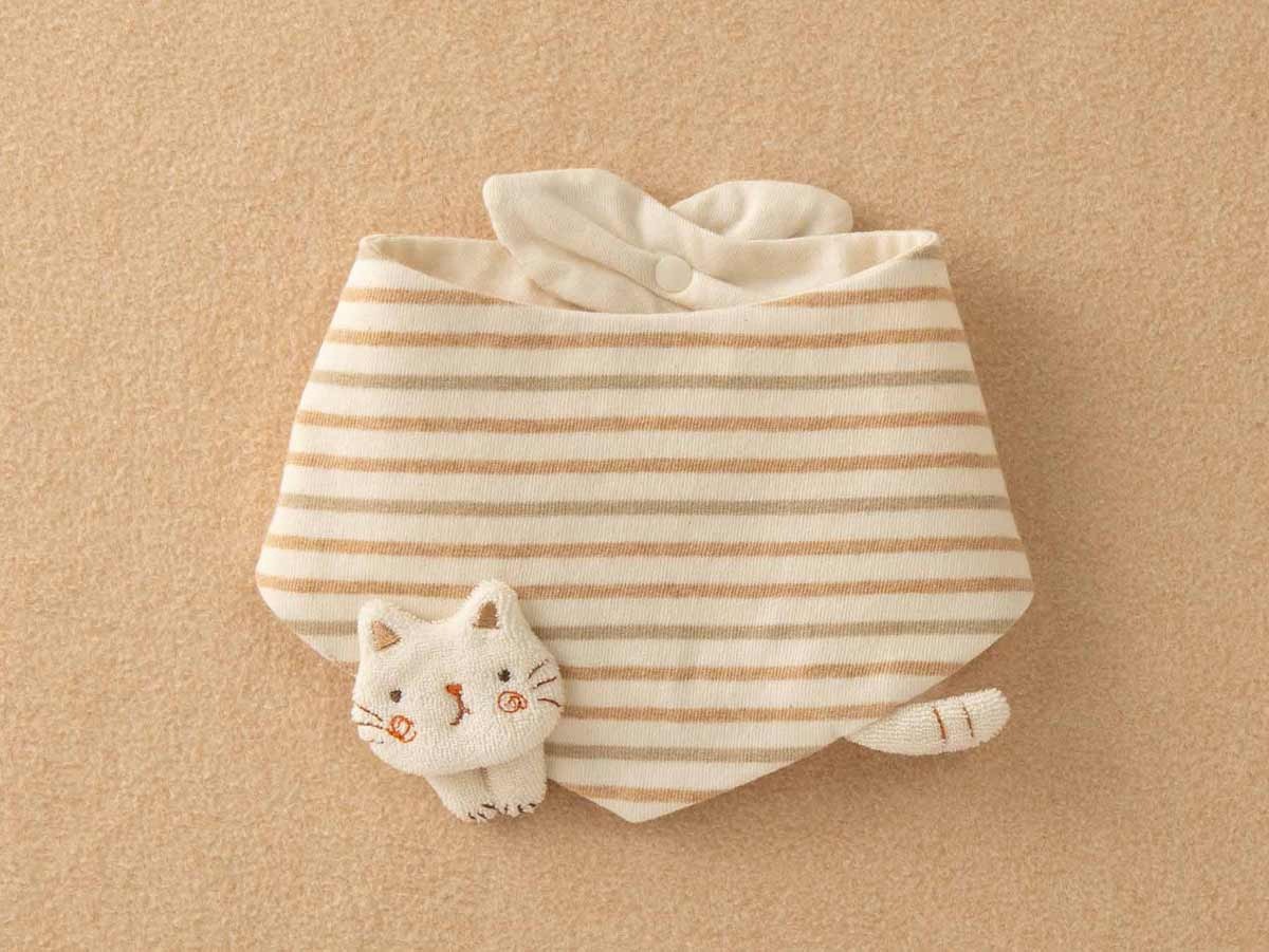 My Little Tailor - 有機棉日本BB猫仔搖鈴 ＋ 三角造型口水肩禮品套裝・橫紋自然色系 (2件入)