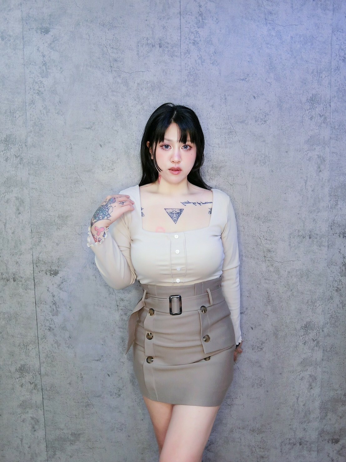 高腰經典腰封排釦包臀裙