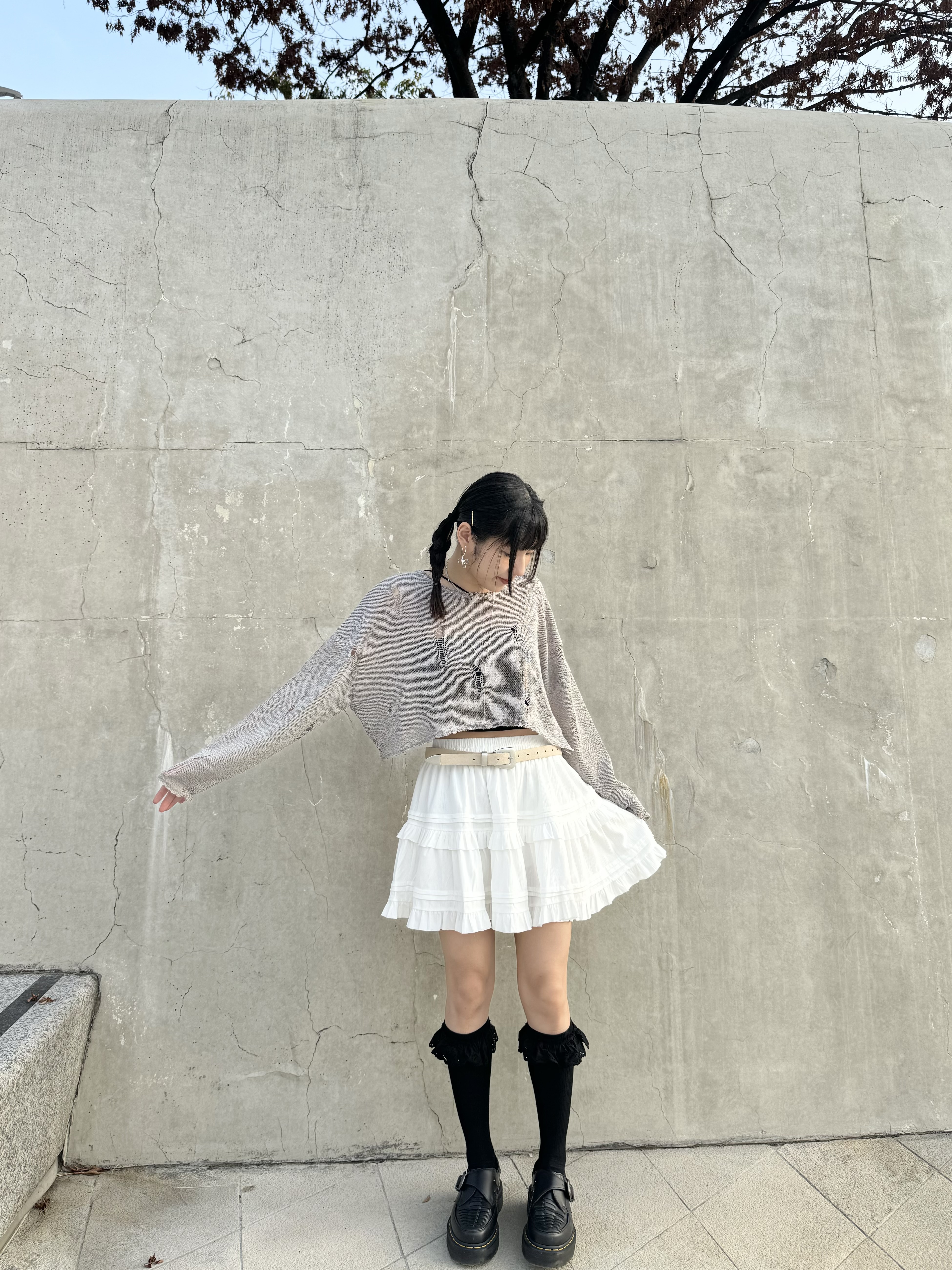 破爛感薄針織短TOP(GREY/BROWN)