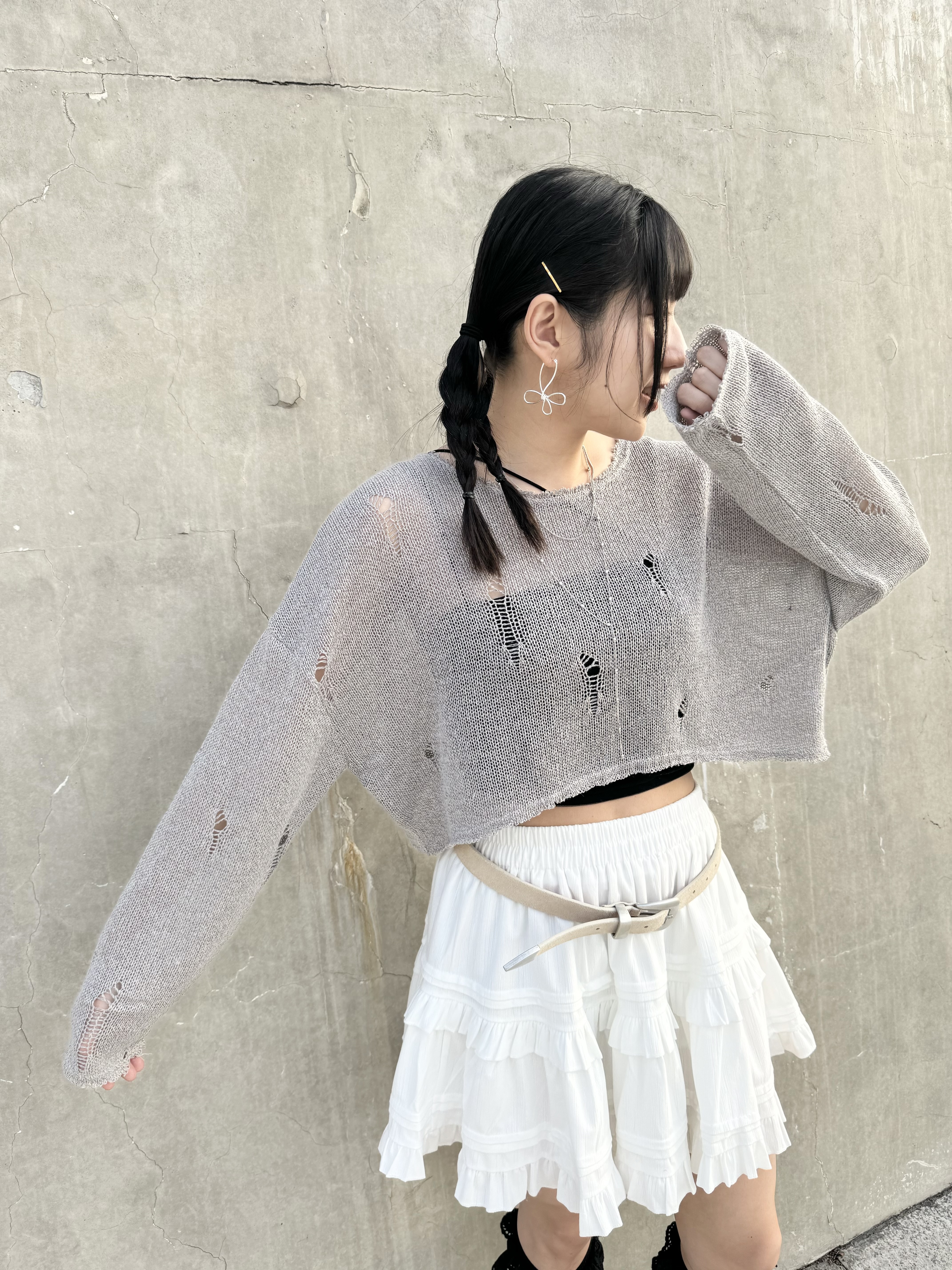 破爛感薄針織短TOP(GREY/BROWN)