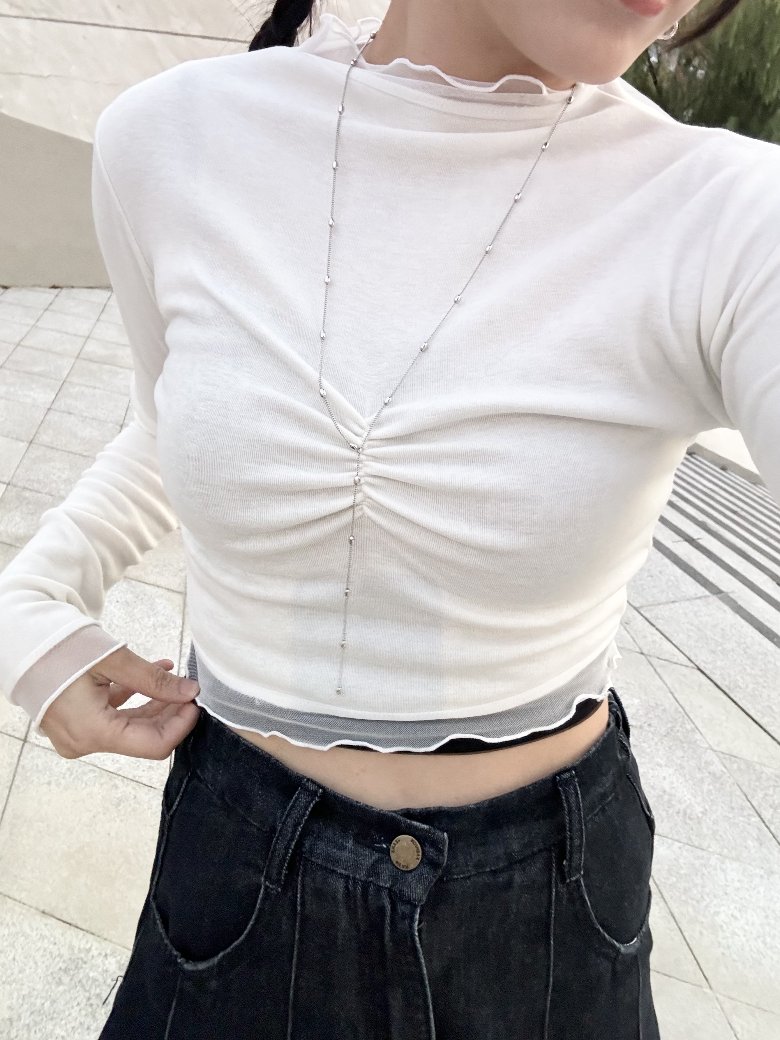 自留 推！打底單著OK 花邊拼紗紗短打摺TOP