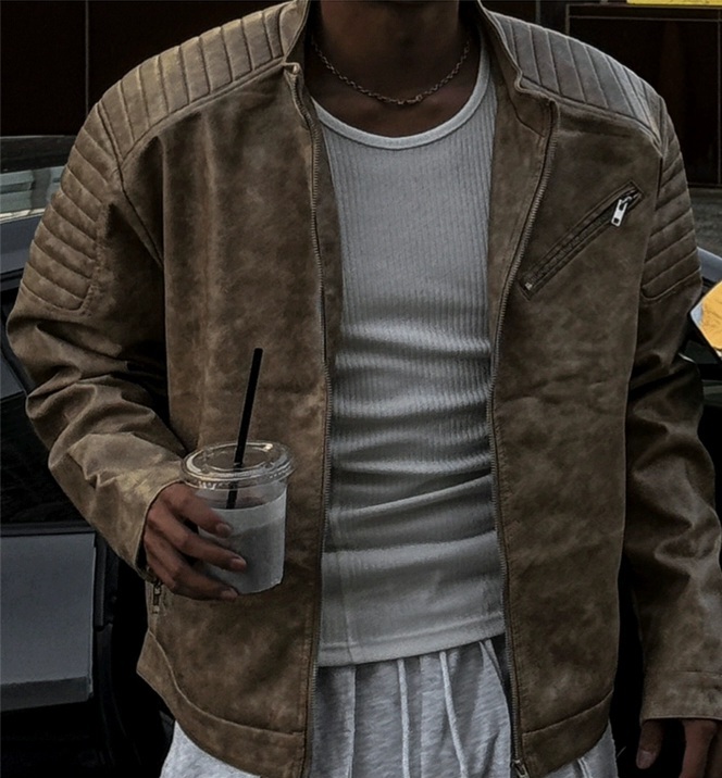 裂紋立領騎士皮革夾克外套