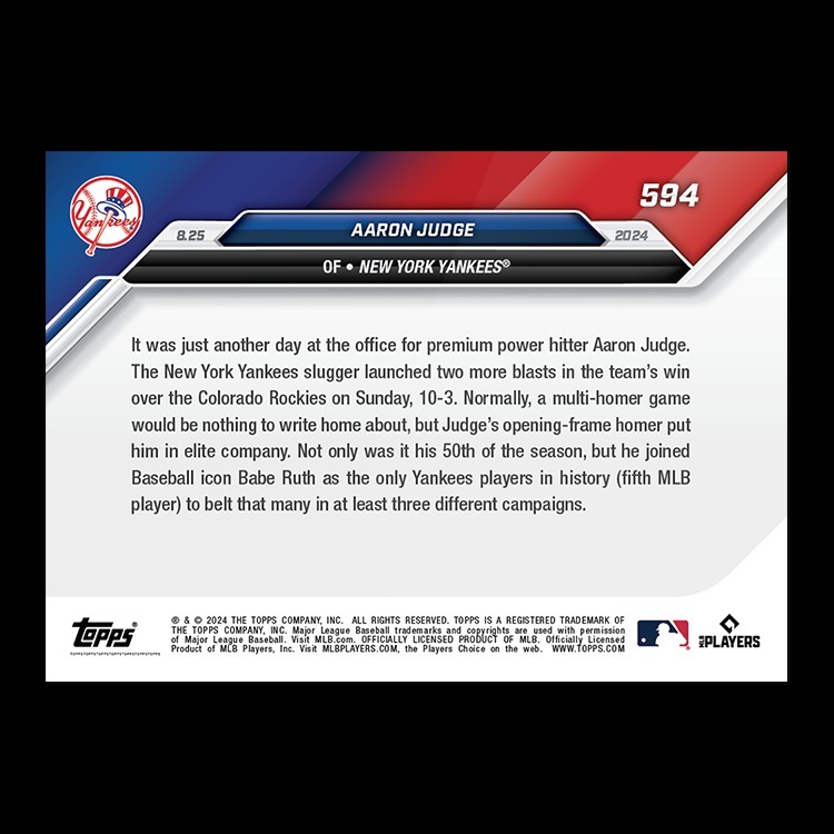 MLB球員卡 Aaron Judge - 2024 MLB TOPPS NOW® Card 594 - LOOK FOR AUTO-RELICS - PR: 20,789