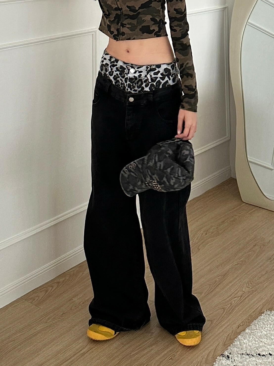 出片焦點🐆 雙腰頭拼接豹紋牛仔闊腿褲