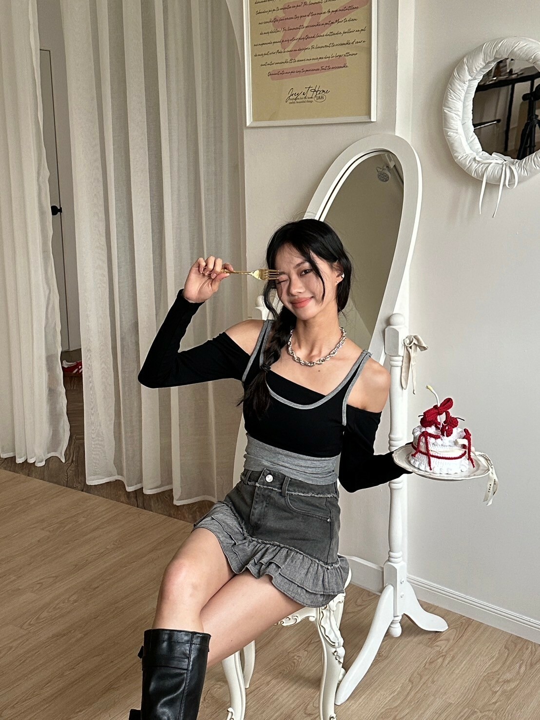 2ways🔥 假兩件拼接吊帶一字領