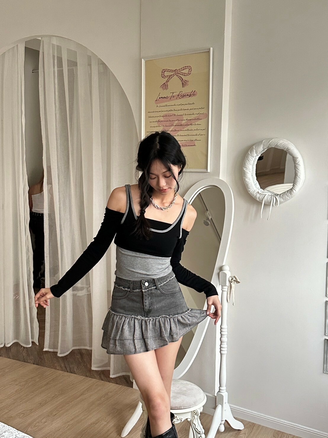 2ways🔥 假兩件拼接吊帶一字領