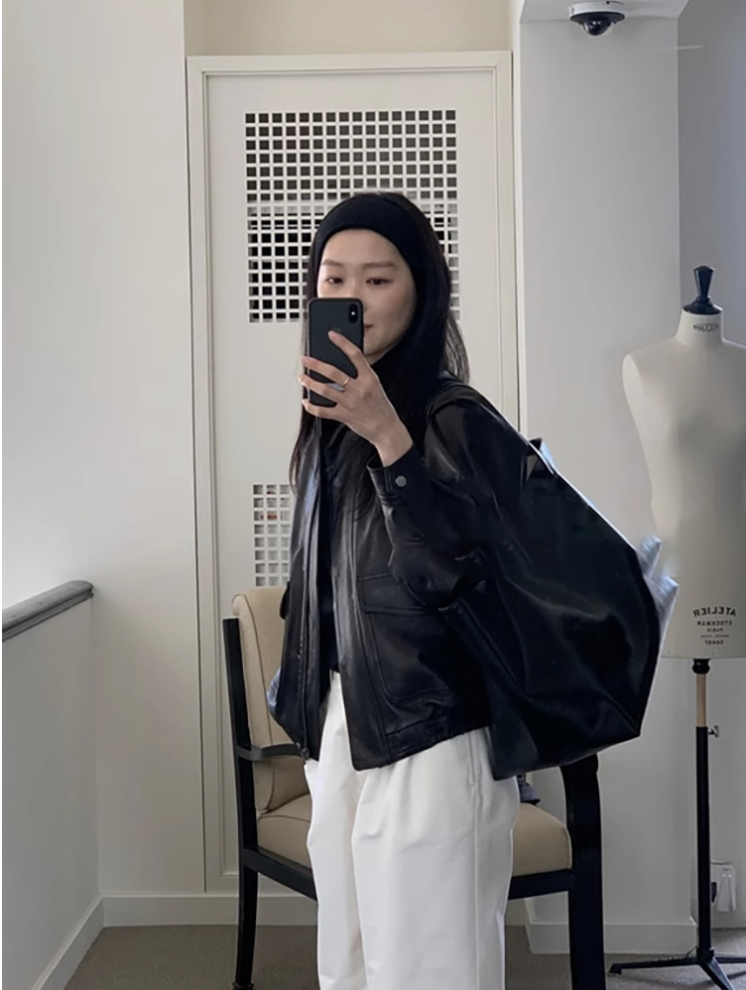 正韓ᴷᴼᴿᴱᴬ 🇰🇷立領黑色皮衣皮外套復古機車皮夾克