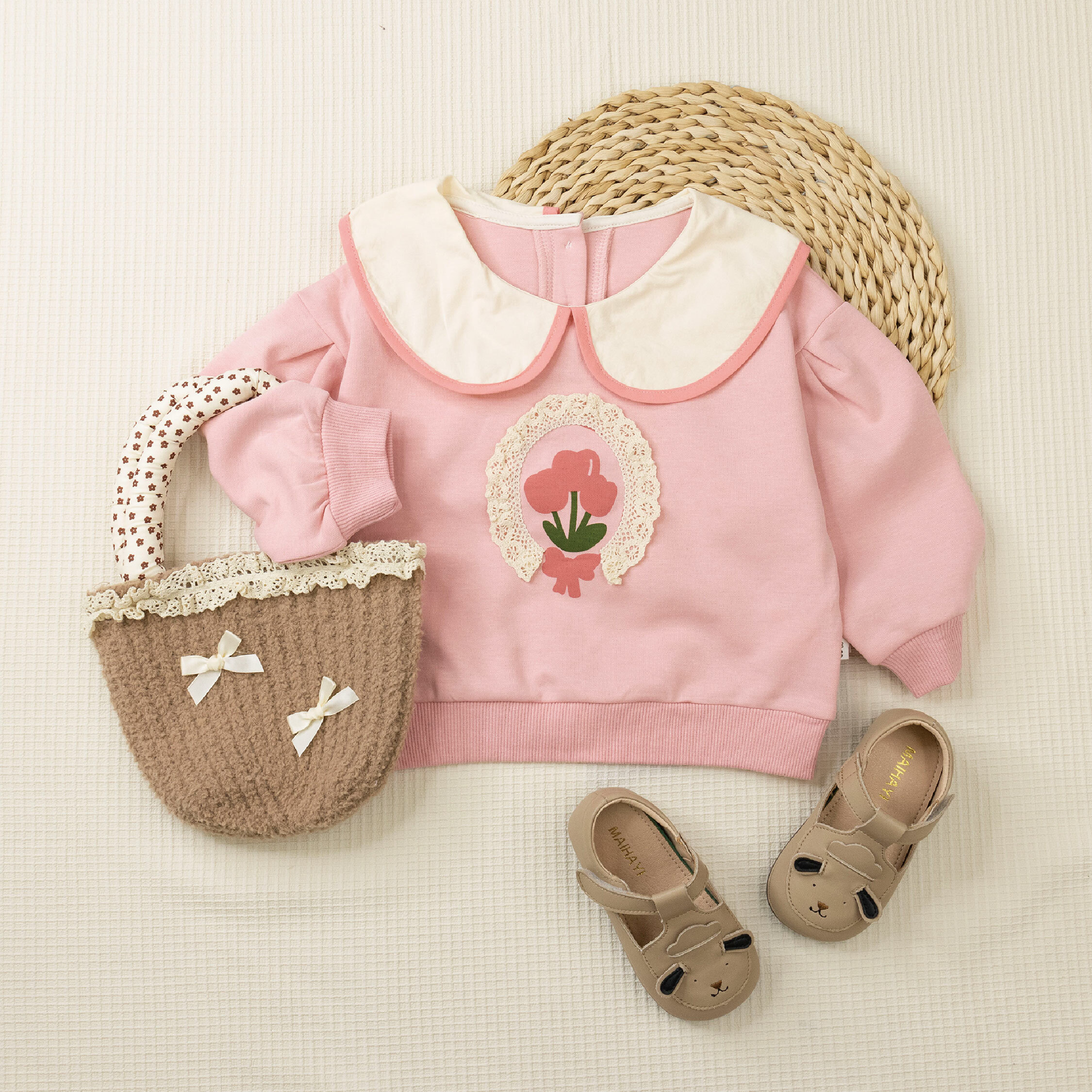 【H45305】甜美浪漫花花滾邊翻領上衣＊二色